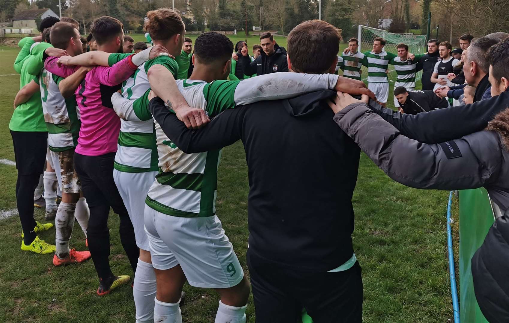 Corinthian players in their post-match huddle after beating Leighton Town in the FA Vase quarter-finals. (31020881)