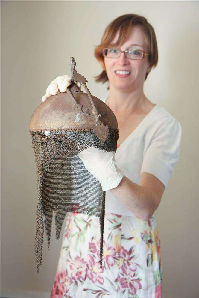 Lauren Jones with The Sikh armour at Royal Engineers Museum, Prince Arthur Road, Gillingham