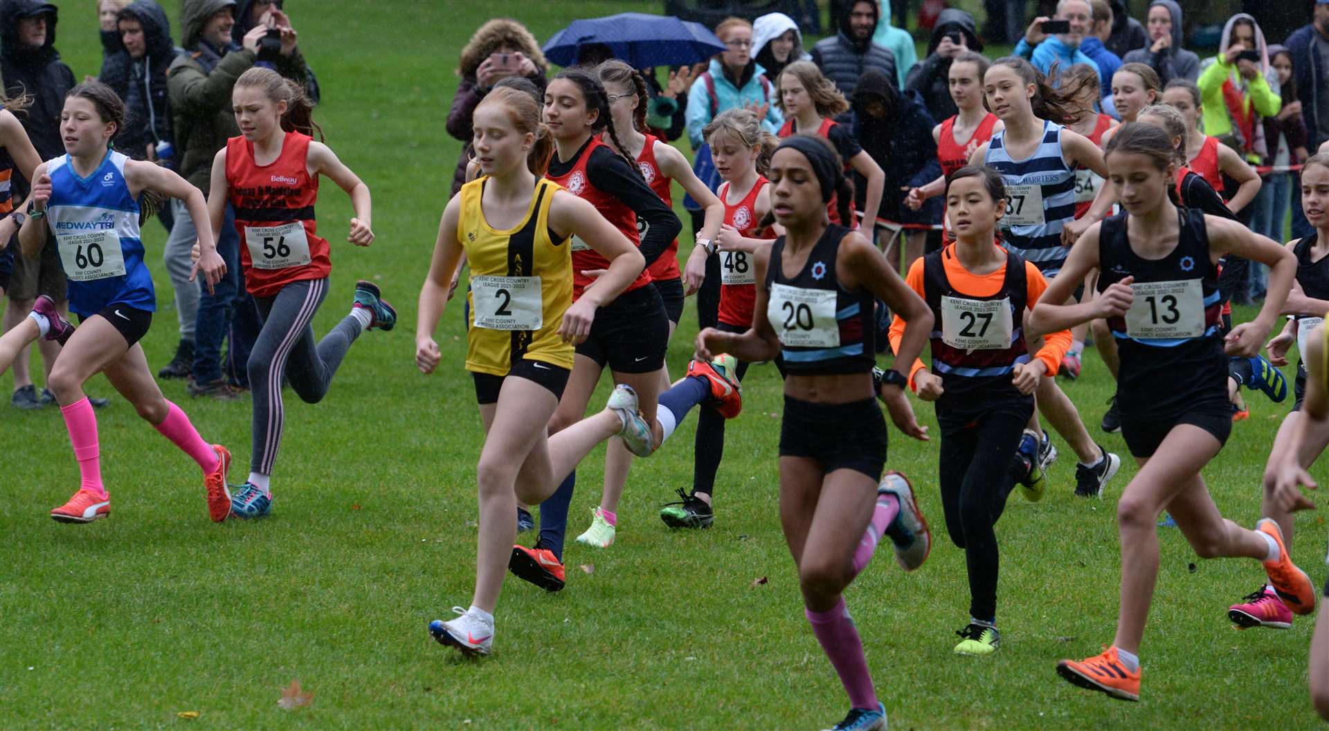 No.60 Hannah Oliver Painter (Medway Tri), No.2 Constance Druggan-Cheery (Ashford AC), No.20 Naimah Mossia (Blackheath and Bromley Harriers AC), No.27 Sophie Tran (Blackheath and Bromley Harriers AC) and No.13 Sophie Fleming (Blackheath and Bromley Harriers AC) hit their stride in the under-13 girls' race. Picture: Chris Davey (52347945)
