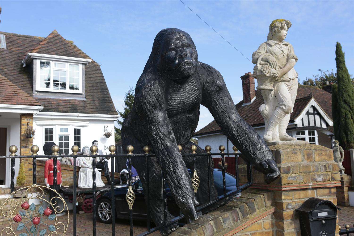 A gorilla greets you at the gate of Tony Cook's home in Lenham