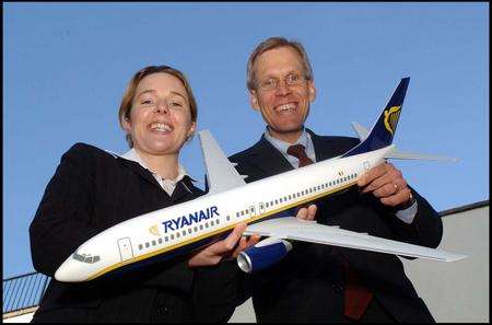 Marlin Dailey - Vice President of European Sales, Boeing Commercial Airplanes pictured with Sinead Finn - Ryanair's Sales and Marketing Manager Europe pictured holding the new Boeing 737-800 aircraft
