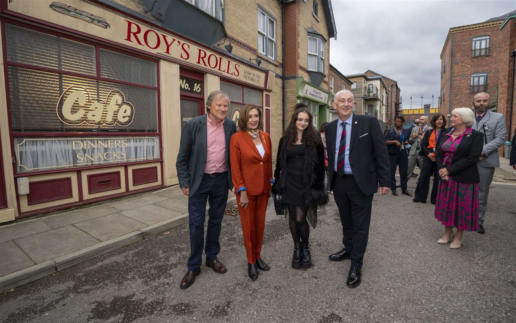 Nancy Pelosi and Sir Lindsay Hoyle with actors David Neilson and Mollie Gallagher (Peter Byrne/PA)