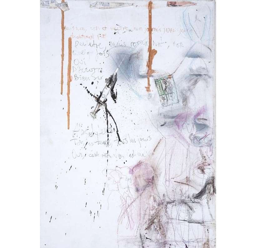 Oui D'Accord Bien Sur was created by Pete Doherty in 2011 and is a mixed-media work featuring a range of motifs, such as song lyrics, ghostly outlined figures and a syringe on a white canvas. Picture: Forum Auctions