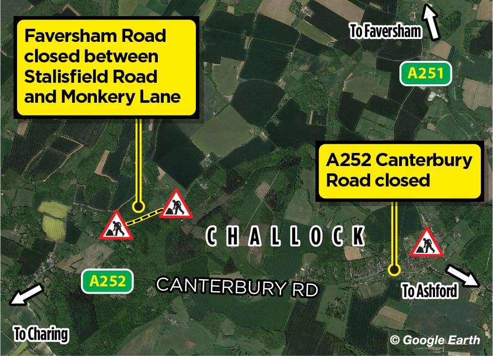 Graphic showing the road closures in Challock