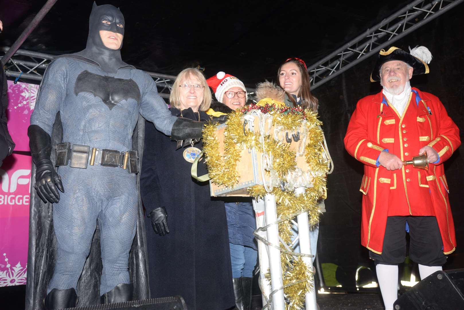 Batman helped Mayor Cllr Jan Aldous and the team switch-on the Rochester Christmas lights. Picture: Chris Davey