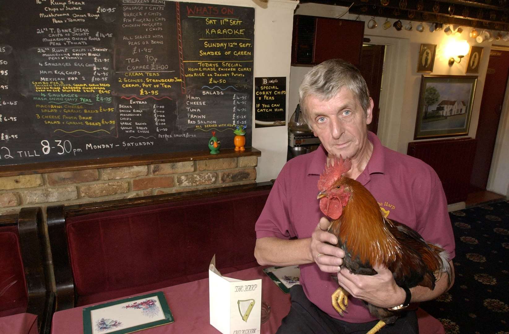 Landlord of The Harp Pub in East Peckham, Peter Palmer, with his cockerel Corky in September 2004. He received a letter from Tonbridge and Malling council telling him to keep the noise down, following complaints about late night noise from pub-goers and early morning crowing Picture: John Wardley