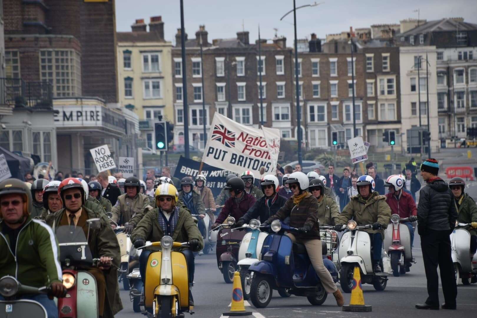 A procession of scooter-riding mods were seen riding along Margate seafront during filming of Empire of Light. Picture: Roberto Fabiani