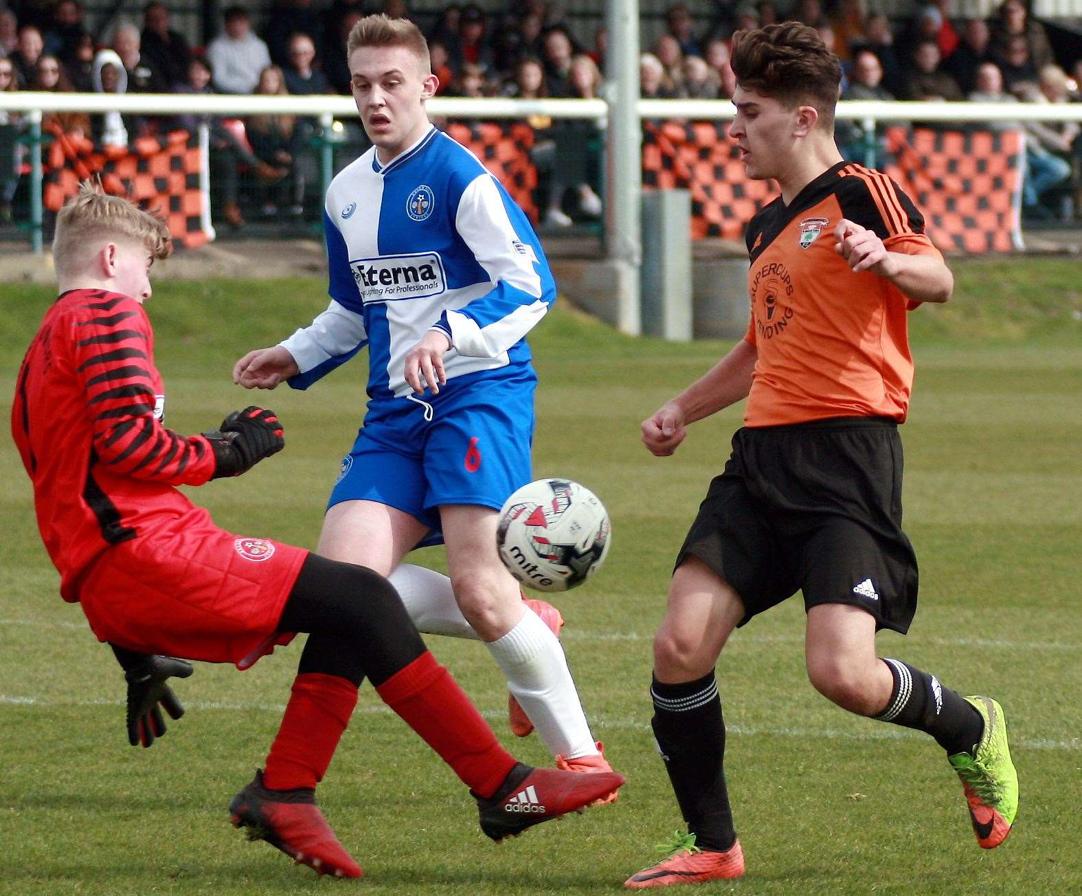 Bredhurst Juniors under-16s' keeper gets to the ball first during their League Cup final against Lordswood Youth under-16s. Picture: Phil Lee