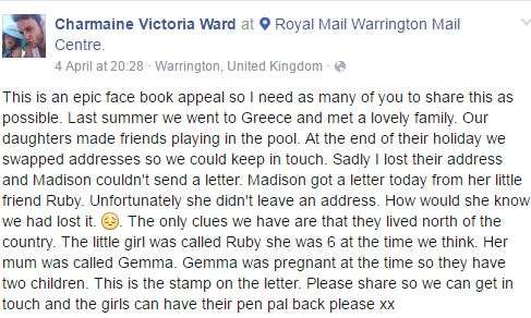 Miss Ward's Facebook appeal has been shared more than 1,000 times