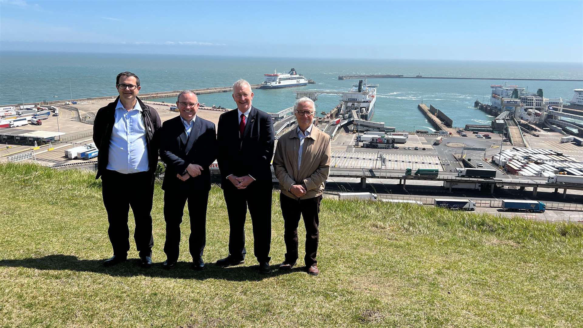 After visiting Maidstone, the trade commissioners went on to look at Dover Docks: from left, David Henig, trade advisor to the commission; Tim Reardon head of EU Exit, Port of Dover; Hilary Benn MP and Peter Norris, chairman of the Virgin Group