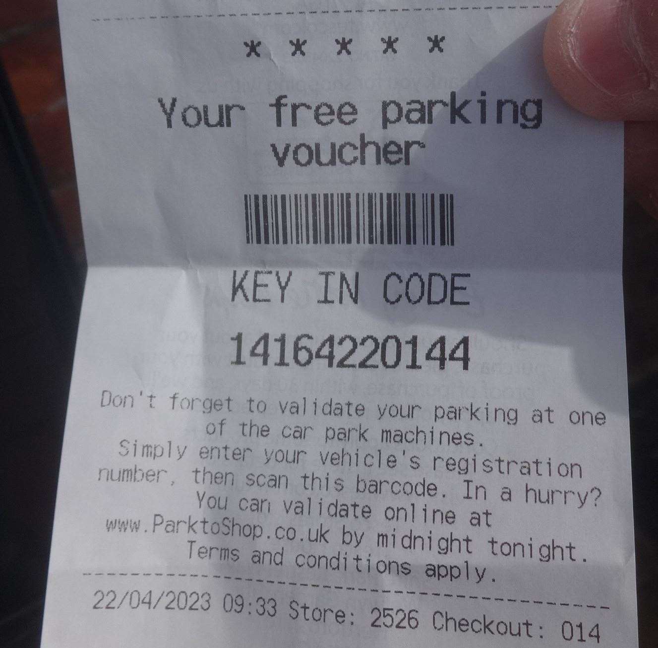 Mr Stevens received this receipt on April 22 – using the code given to validate the parking