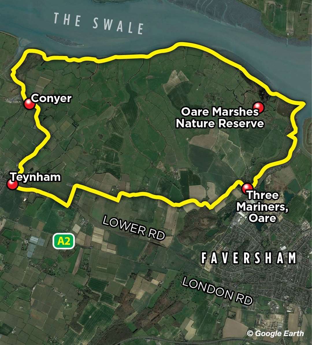 The route our man followed from Teynham station and along the edge of the Swale