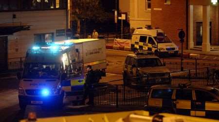 Police and bomb disposal units at Canterbury bus station during Friday night's security alerts. Picture: Chris Davey