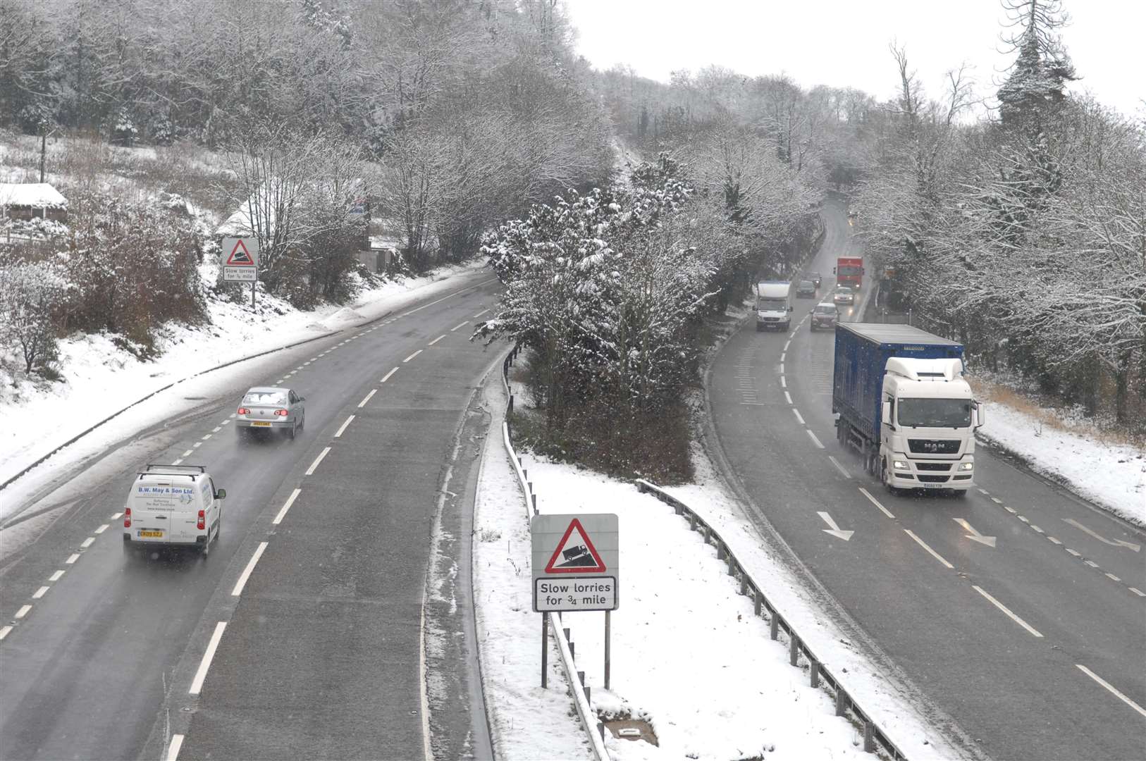 Snow on the A249 Detling Hill. Stock image