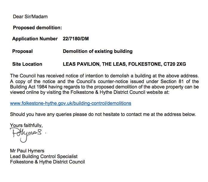 A copy of the letter sent to residents around the pavilion