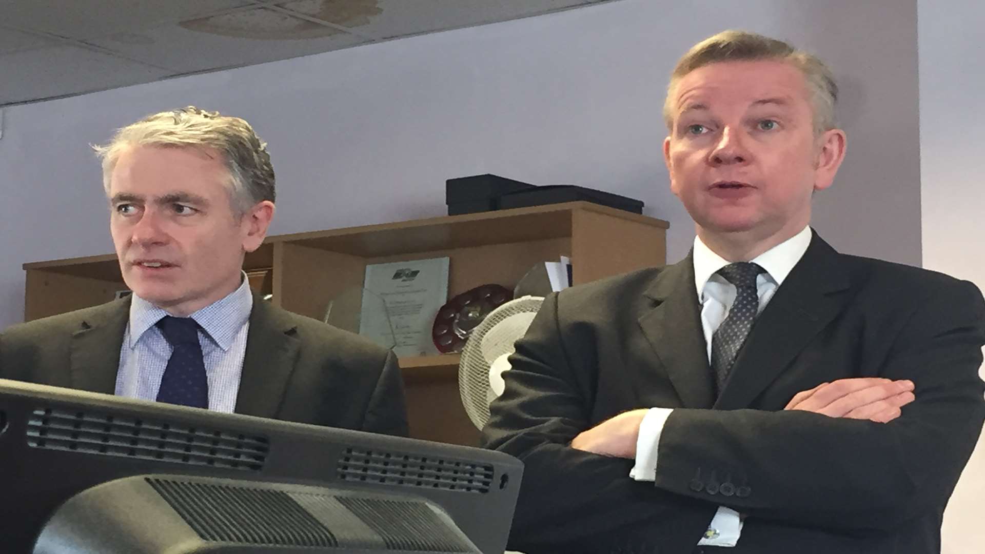 Conservative chief whip Michael Gove is toured around the office by Medway Messenger editor Bob Bounds
