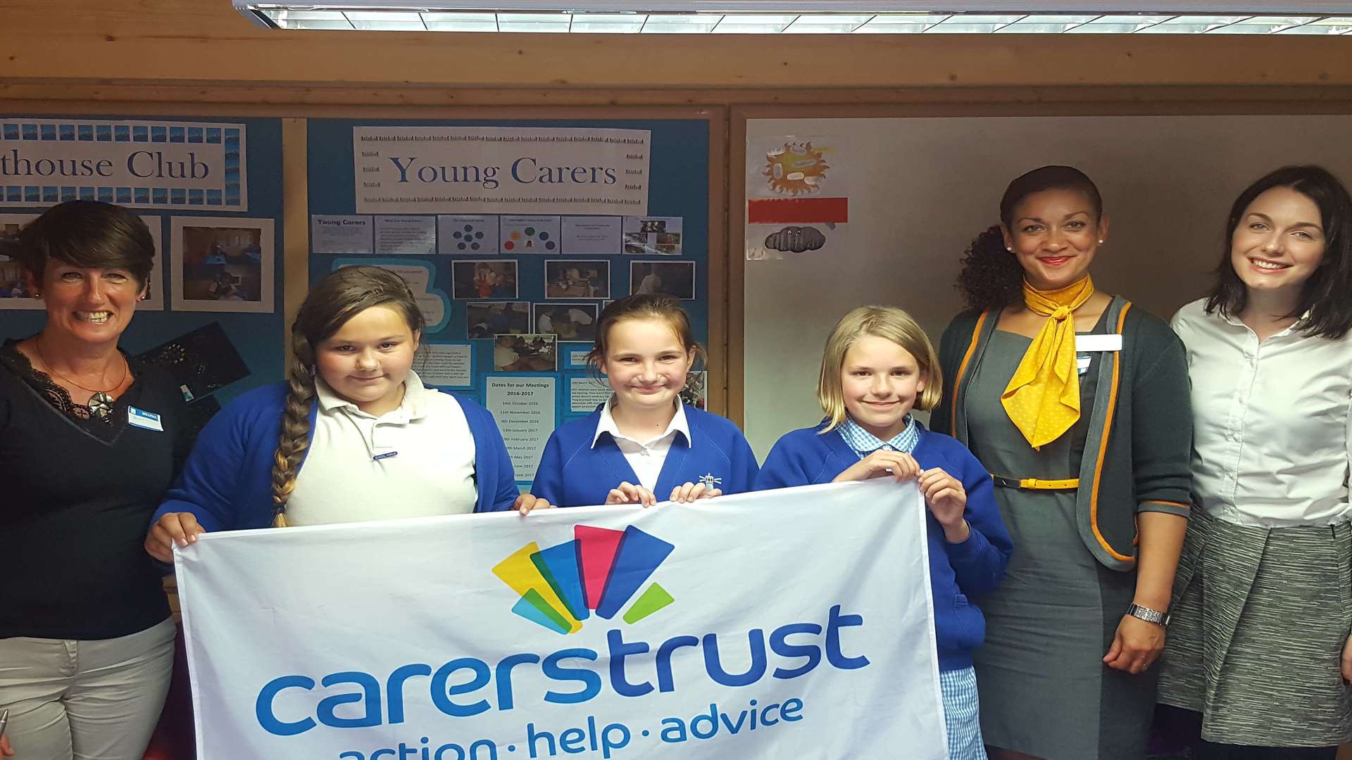 Left Gill Middleton, Carers Trust Education Policy & Development Manager for young carers with young carers from The Downs primary and Thomas Cook staff