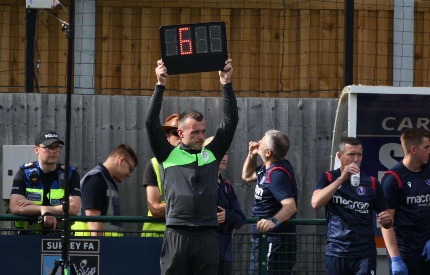 The fourth official indicates six minutes of stoppages at the end of 90 minutes. Picture: Barry Goodwin
