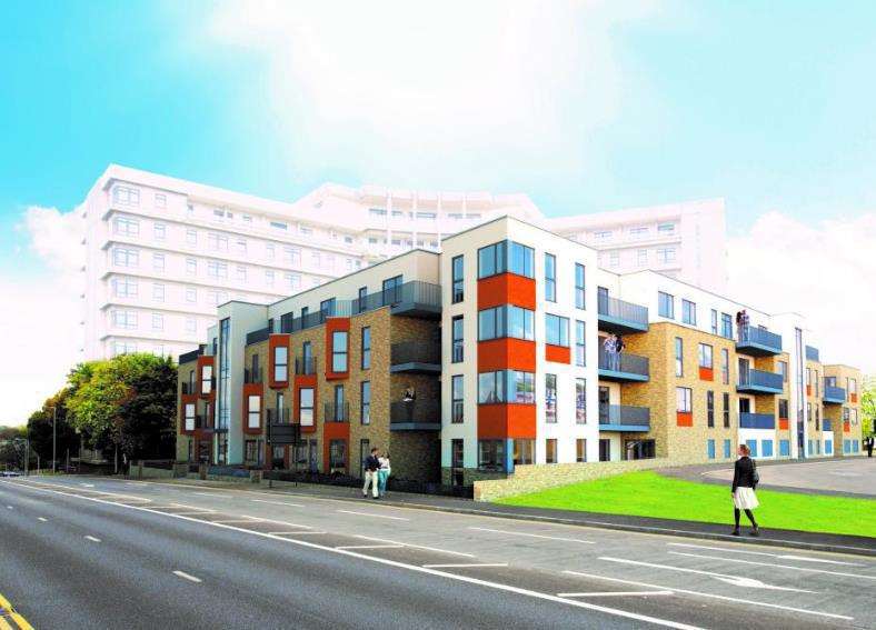 An artist's impression of one of the new blocks of flats set to be built alongside The Panorama (formerly Charter House) in Ashford
