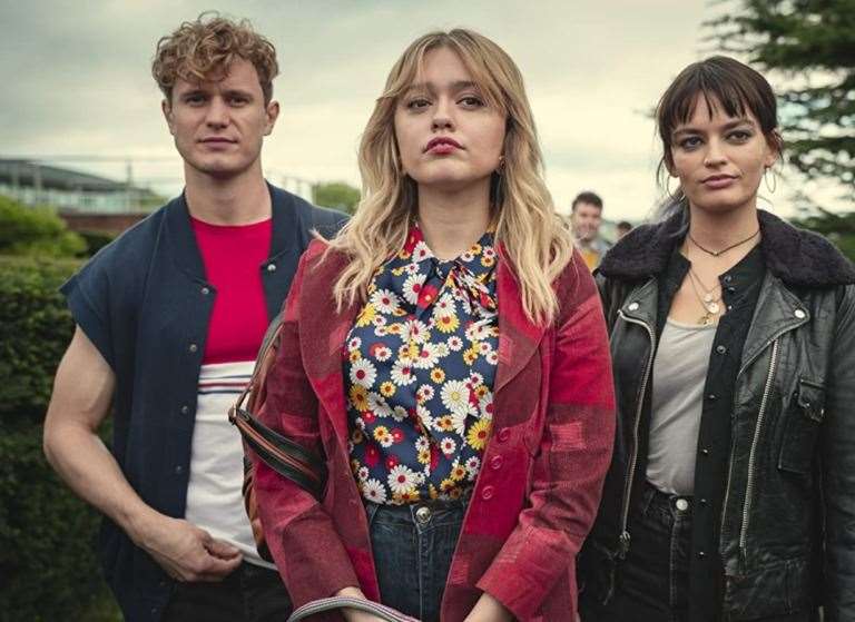 Parts of Sex Education Season 3 was filmed in Kent. Photo shows Aimee Lou Wood, Emma Mackey and Chris Jenks in Episode 1. Photo: Netflix