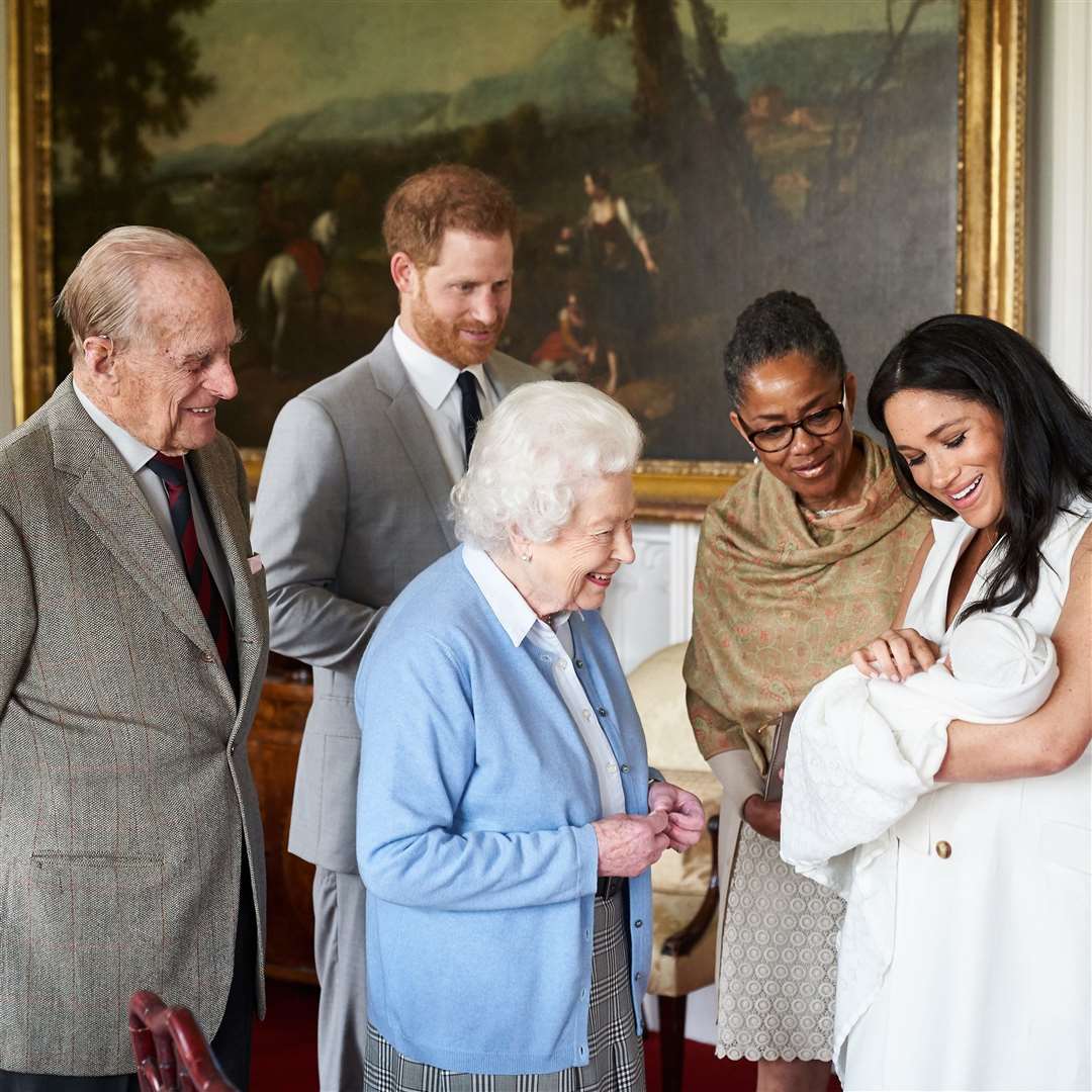 The Duke and Duchess of Sussex are joined by her mother, Doria Ragland, as they show their new son, born Monday and named as Archie Harrison Mountbatten-Windsor, to the Queen Elizabeth II and the Duke of Edinburgh at Windsor Castle. Picture - Chris Allerton / copyright SussexRoyal/PA Wire.