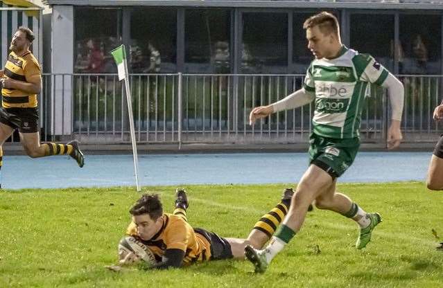 Guy Hilton dots down for Canterbury in the loss at Guernsey Raiders. Picture: Phillipa Hilton
