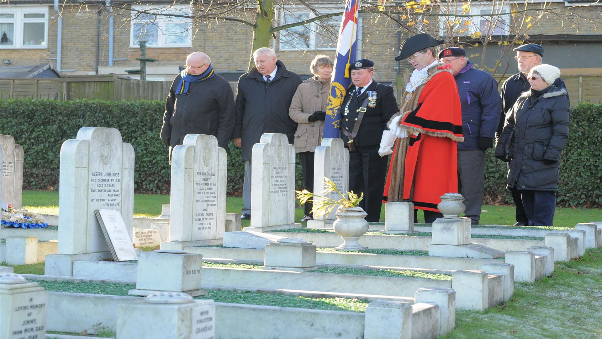 Gillingham Cemetery, Woodlands Road. 2012 Memorial Service to remeber Cadets who were killed by a bus in 1951. Mayor Vaughan Hewett by the graves