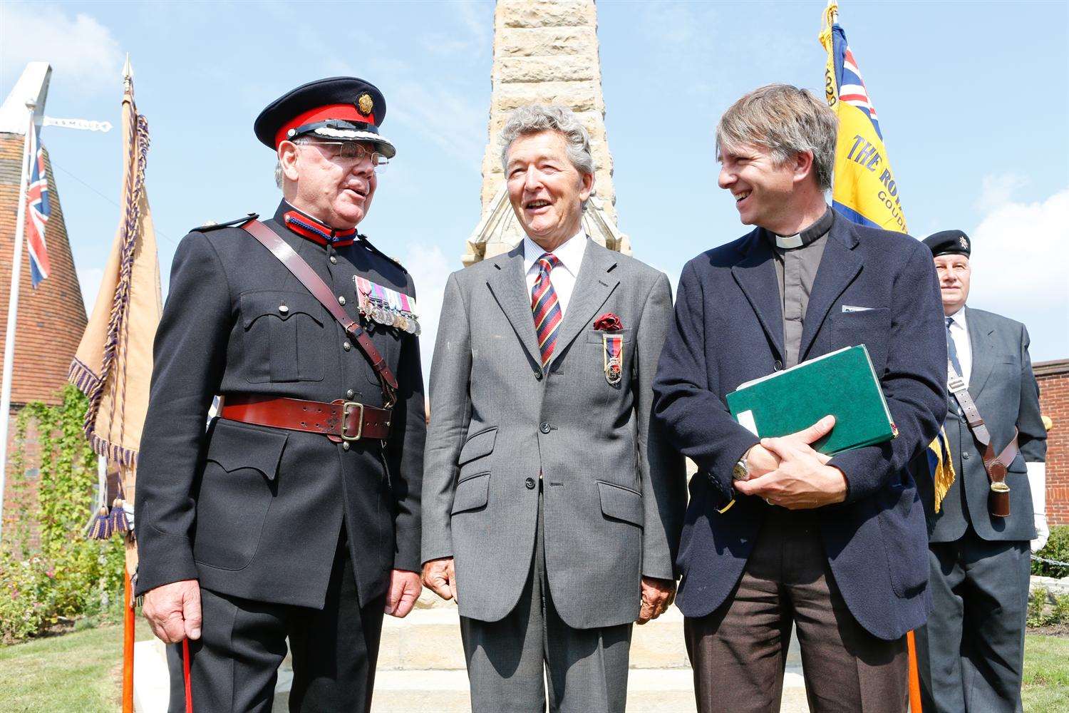 Col Peter Bishop, Tony Richards and Rev Hugh Nelson by the memorial