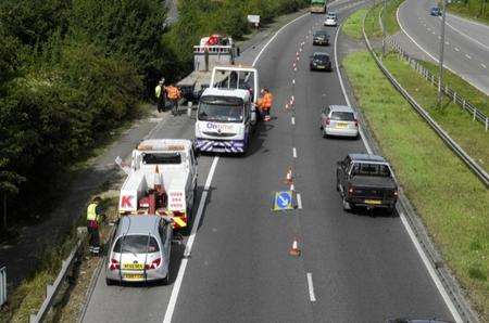 Two cars and a lorry were involved in a crash on Blue Bell Hill