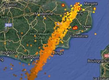 A lightning map shows the storm's path at about 2am