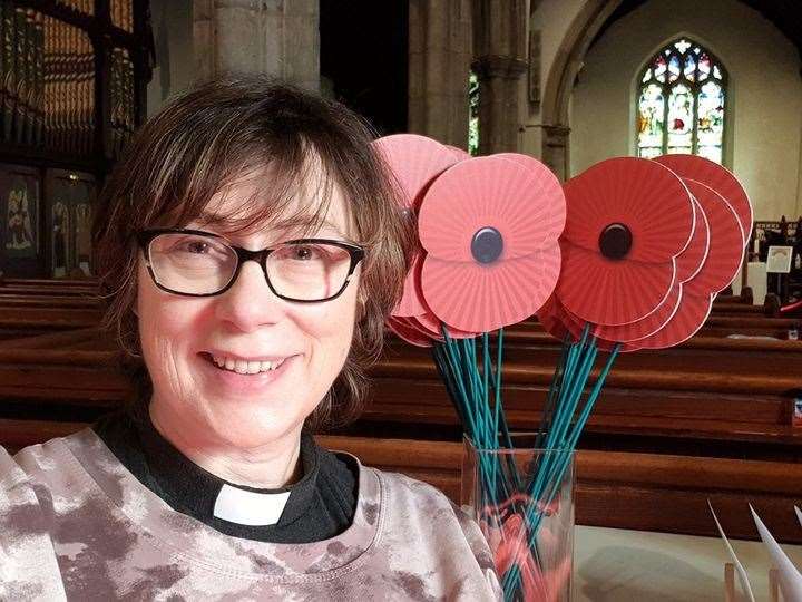 The Rev Ruth Peet from St Peter and St Paul's Aylesford with reusable poppies. Picture: Diocese of Rochester