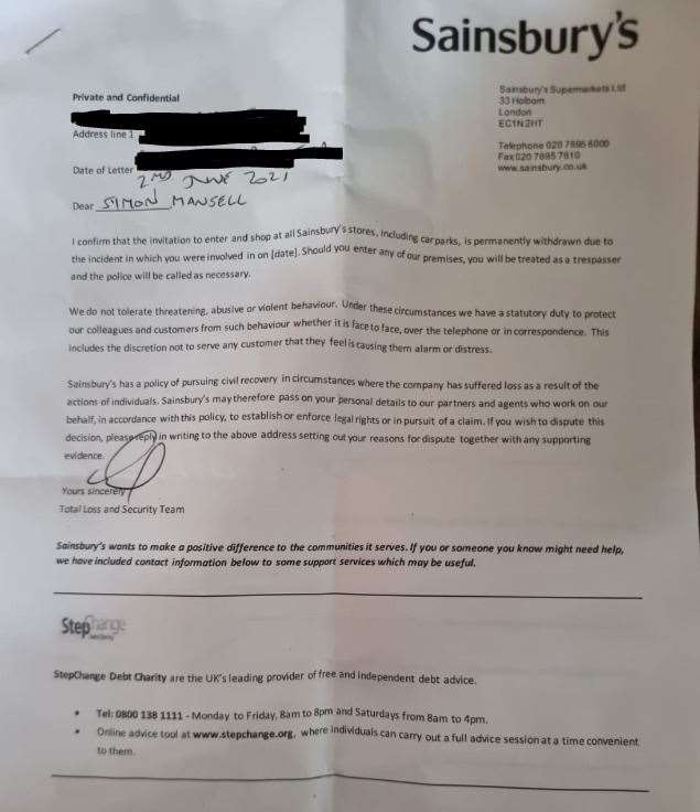 The letter Symon received informing him he was no longer welcome in the store