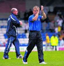 Gillingham boss Andy Hessenthaler claps the travelling fans after the defeat at Bury