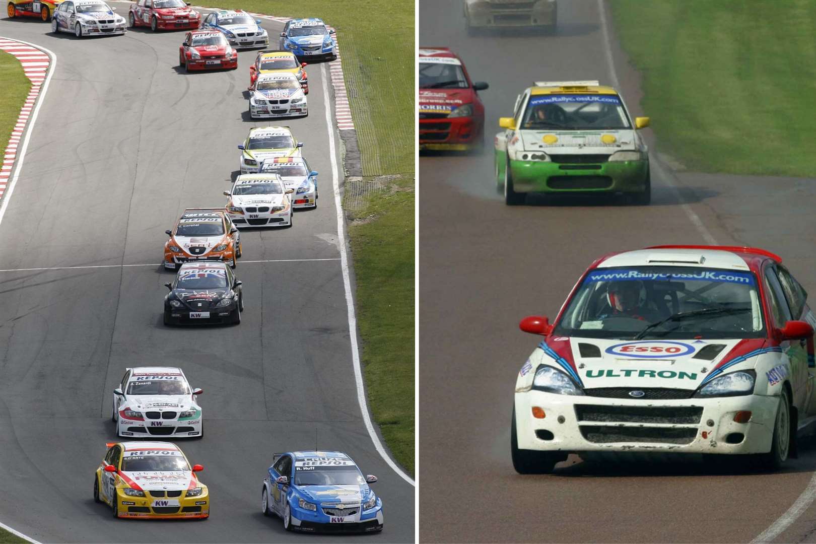 The World Touring Car field in the sunshine at Brands Hatch in 2009, right, British Rallycross action at Lydden Hill in 2004. Pictures: Peter Still/RallycrossWorld.com
