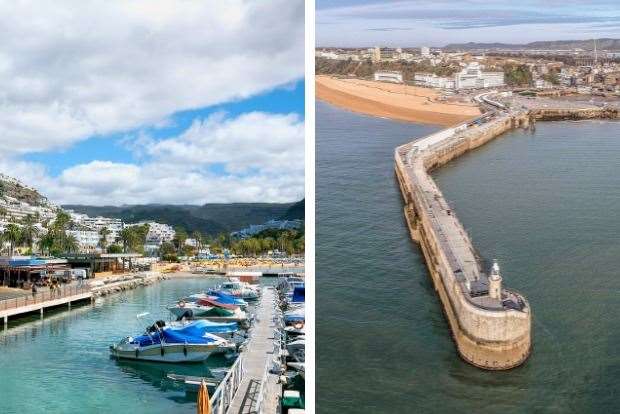 Puerto Rico harbour vs Folkestone Harbour Arm. Picture: Dirkster23 and Bareta from Getty images