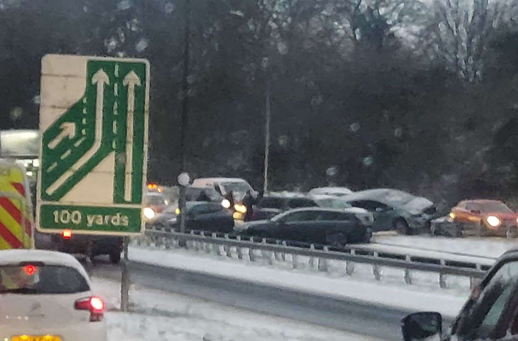 The scene of a three-car crash on the A229 London-bound carriageway near Blue Bell Hill