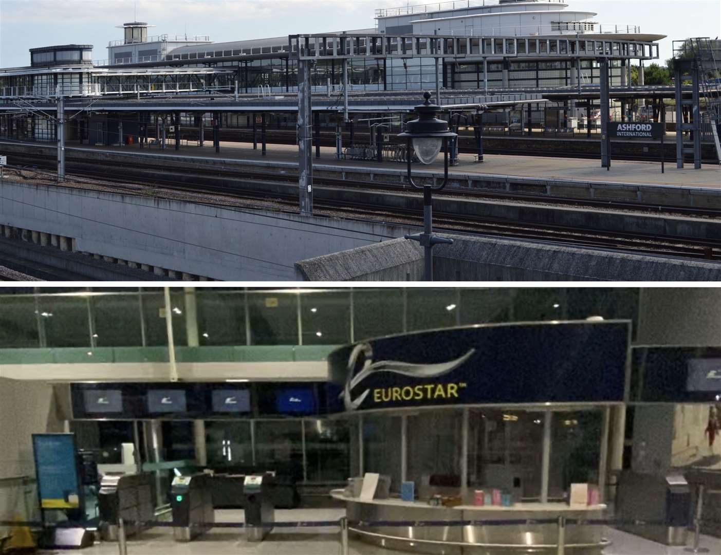 Top: Ashford International Station; Bottom: The Eurostar ticket desk on the concourse at Ebbsfleet International Station. Picture: Steve Salter