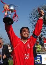 Mo Takaloo lifts the Kent League Cup for Ramsgate last month