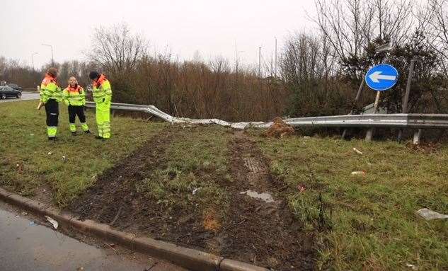 The tracks show where the lorry left the A229 and crashed through a barrier. Picture: Mike Mahoney