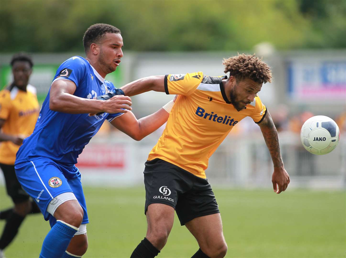 Summer signing Jonny Edwards battles for possession in the Bromley friendly Picture: John Westhrop