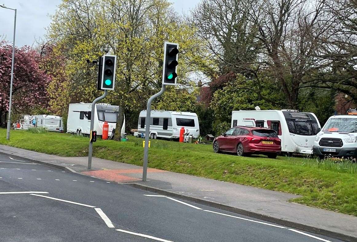 Travellers pitched up in Ash Road, Hartley, in April, after moving on from an encampment in Swanley