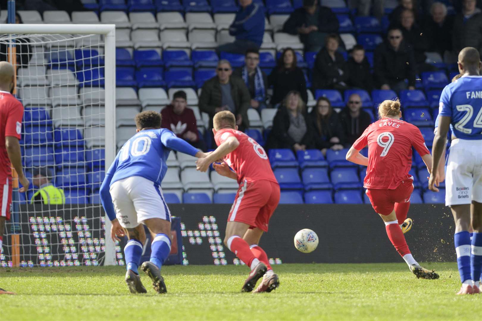 Tom Eaves fires home to equalise at Oldham after being awarded a controversial penalty by referee Michael Salisbury Picture: Andy Payton.