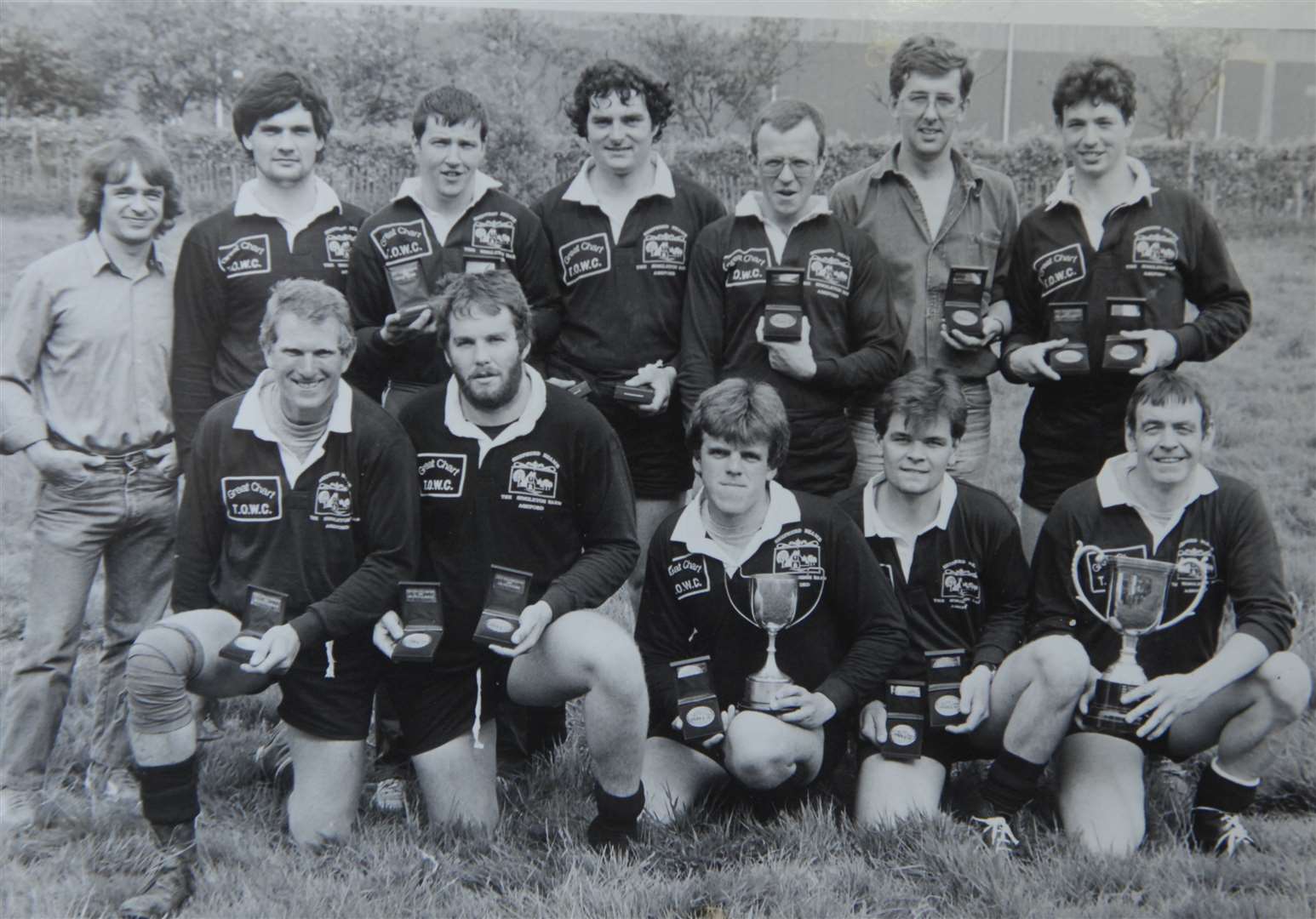 The Swan tug-of-war team of 1987; back row: Kenny Munchkin, Mark Henderson, Alan Young Hopper, Tom The Post, Hard Life, Posh Charles; front row: Vernon Gubb, Mark Cornell, Chris 'The Beast' Moore, Martin Reed, Big Dave Reed