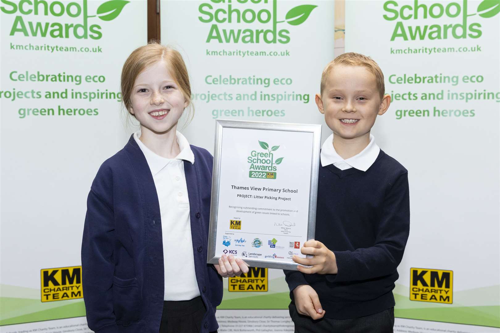 Emma Duncan and Ellis Smith of Thames View Primary School received a Green School Award for their litter picking project. Picture: Martin Apps