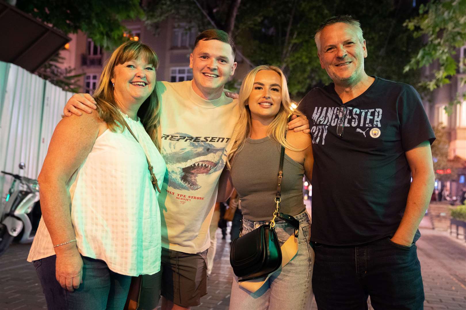 (left to right) Colette Howe, Sam Howe, Megan Hart and Mike Howe who are Man City fans outside the Dubliner in Istanbul (James MAnning/PA)