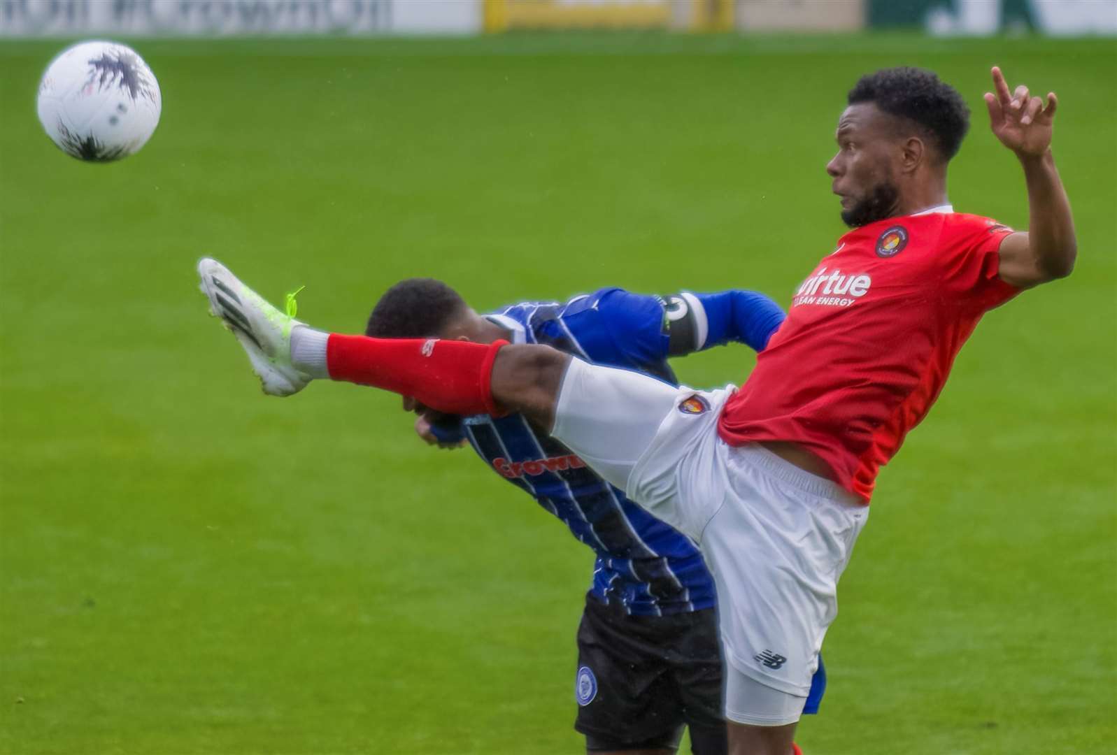 Shaq Coulthirst in the thick of the action for Ebbsfleet at Rochdale on Saturday. Picture: Ed Miller/EUFC