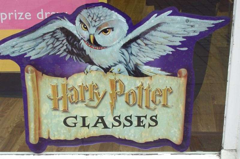 Harry Potter glasses advertised in the window of Dolland and Aitchinson opticians, in Week Street, Maidstone - just ahead of the first film's release