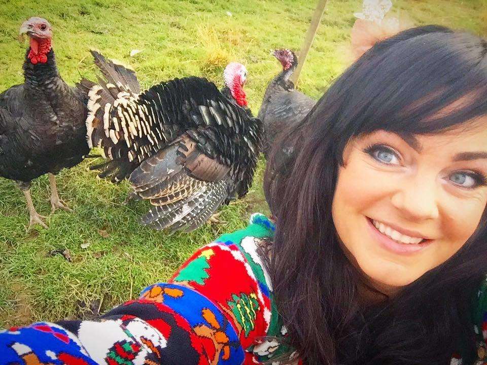 Amey Evans of Happy Pants Ranch animal centre in Rainham, with turkeys rescued from the Christmas dinner table