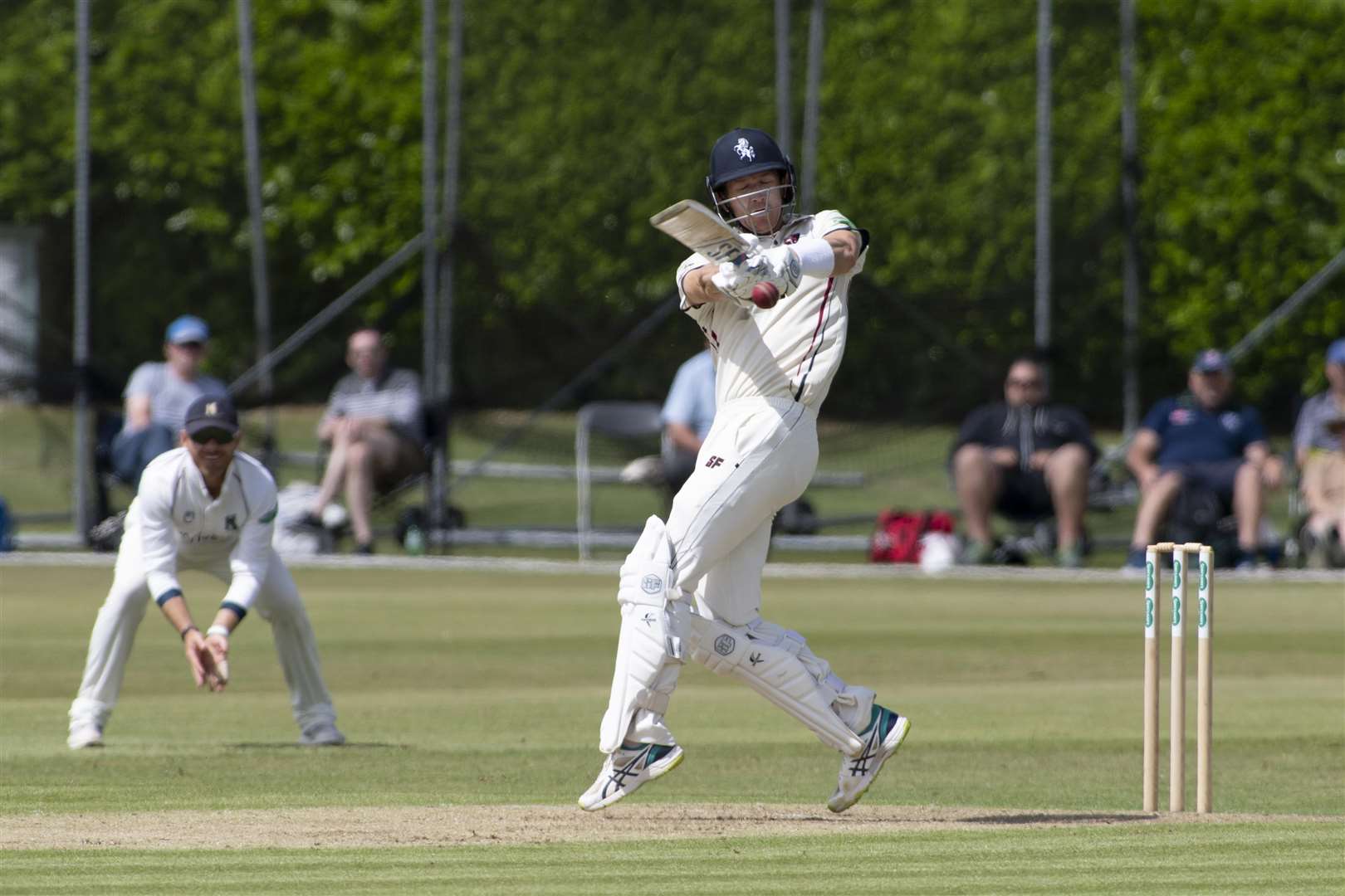 Joe Denly hits a four to bring up his 50 in the game against Warwickshire in Tunbridge Wells last season