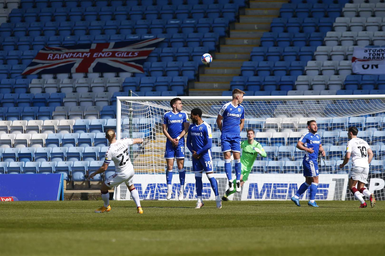 Gillingham defend a free-kick against Northampton.Picture: Andy Jones